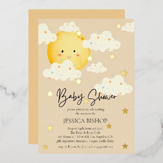 Moon and Stars Cream Baby shower Folie Uitnodiging (Voorkant / Achterkant)