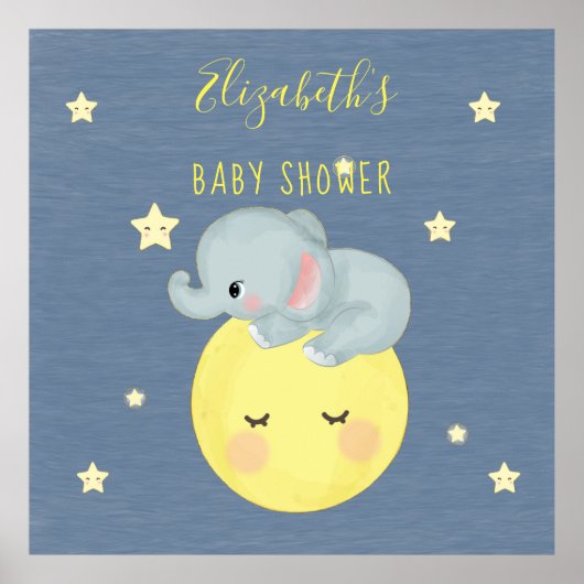 Moon and Stars Cute Elephant Baby Boy Shower Poster (Voorkant)