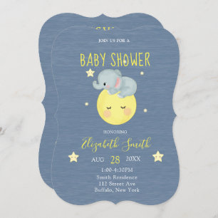 Moon and Stars Cute Elephant Blue Baby Shower Kaart