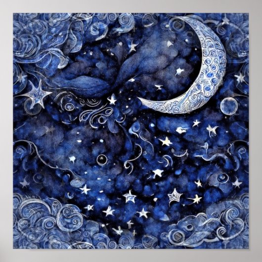 Moon and Stars Deep Blue Night Sky Poster (Voorkant)