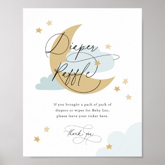 Moon and Stars Diaper Raffle Sign Blue Baby shower Poster (Voorkant)