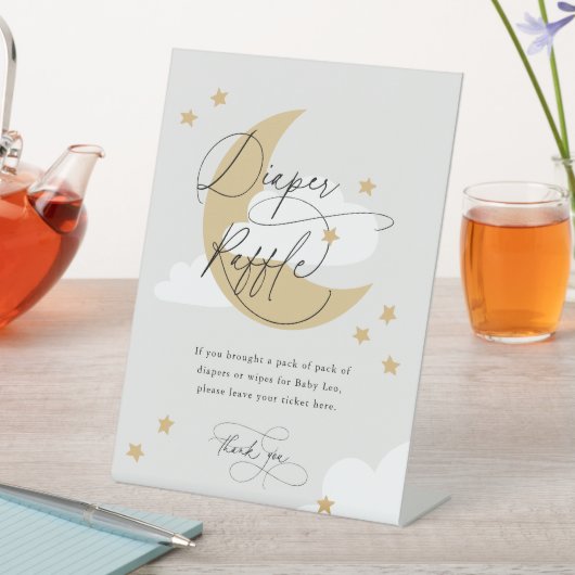 Moon and Stars Diaper Raffle Sign Grey Gold Reclamebord Met Voetstuk (Insitu)