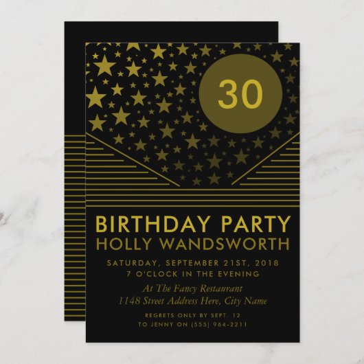 Moon and Stars, Faded Gold Birthday Party Kaart (Voorkant / Achterkant)