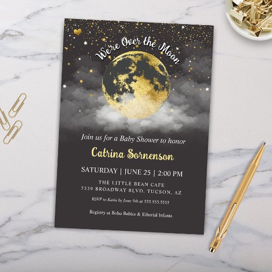 Moon and Stars Gold Celestial Baby shower Kaart