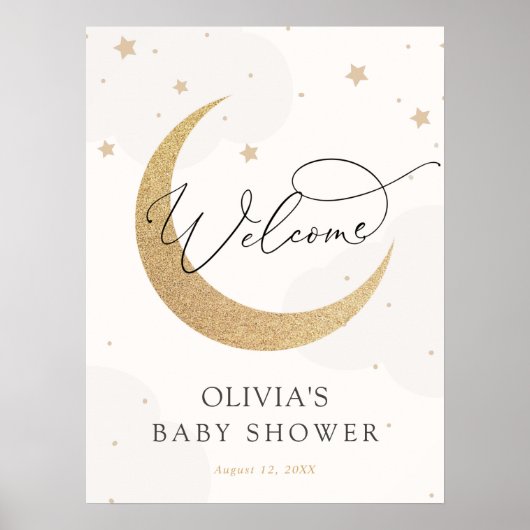 Moon and Stars Grey Baby shower Welcome Sign Poster (Voorkant)