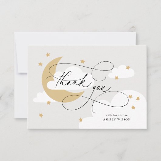Moon and Stars Grey Gold Script Baby shower Bedankkaart (Voorkant)