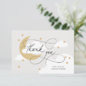 Moon and Stars Grey Gold Script Baby shower Bedankkaart (Staand voorkant)