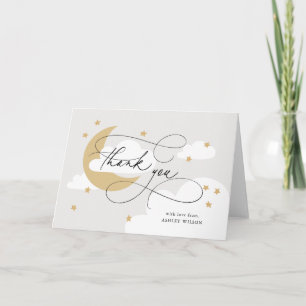Moon and Stars Grey Gold Script Baby shower Bedankkaart