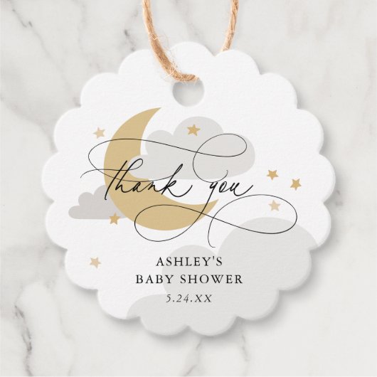 Moon and Stars Grey Script Baby shower Dank u Bedankjes Labels (Voorkant)
