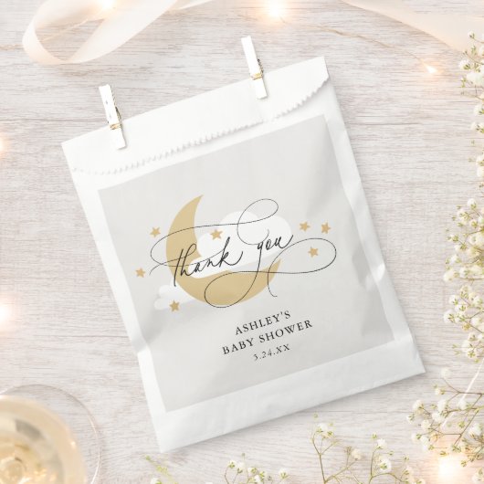 Moon and Stars Grey Script Baby shower Dank u Bedankzakje (Geknipt)