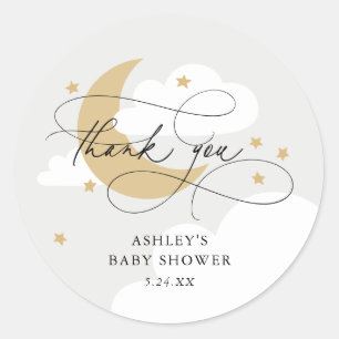 Moon and Stars Grey Script Baby shower Dank u Ronde Sticker