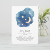 Moon and Stars Het is een jongen Baby shower Kaart (Staand voorkant)