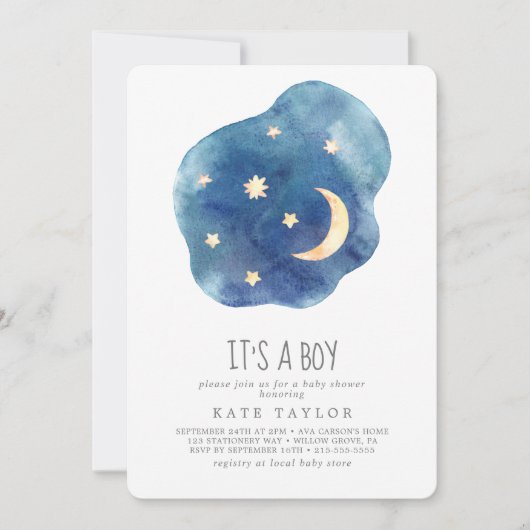 Moon and Stars Het is een jongen Baby shower Kaart (Voorkant)