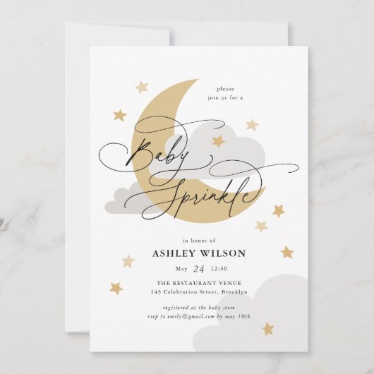 Moon and Stars Matte Neutrals Script Baby Sprinkle Kaart (Voorkant)