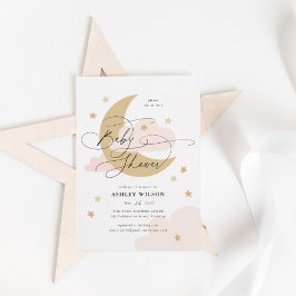 Moon and Stars Matte Pinks Script Baby shower Kaart