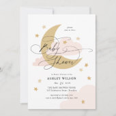 Moon and Stars Matte Pinks Script Baby shower Kaart (Voorkant)
