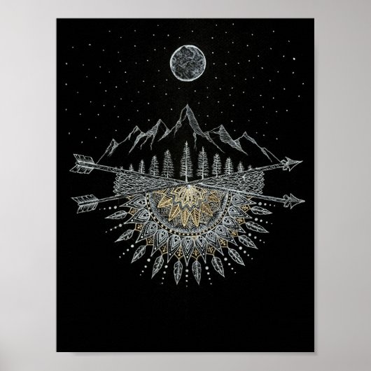 Moon and Stars Night Sky Mountain Range Mandala Poster (Voorkant)