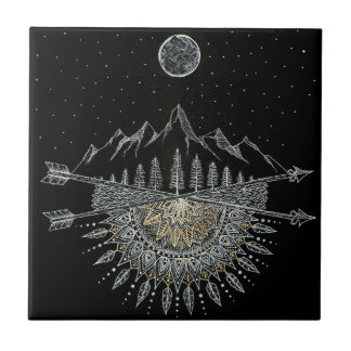 Moon and Stars Night Sky Mountain Range Mandala Tegeltje