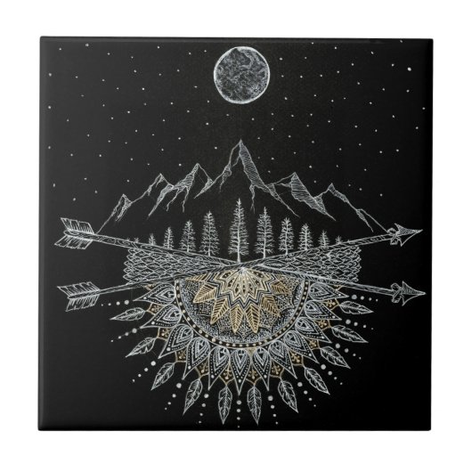 Moon and Stars Night Sky Mountain Range Mandala Tegeltje (Voorkant)
