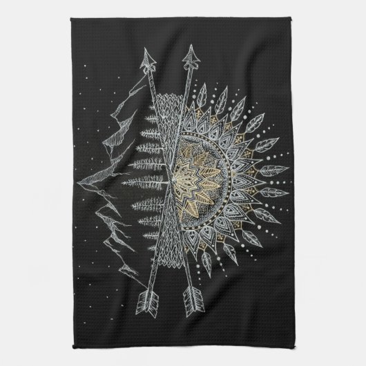 Moon and Stars Night Sky Mountain Range Mandala Theedoek (Verticaal)