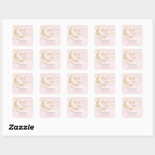 Moon and Stars Pastel Roze Baby shower Bedankt Vierkante Sticker (Vel)