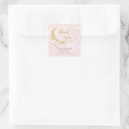 Moon and Stars Pastel Roze Baby shower Bedankt Vierkante Sticker (Tas)