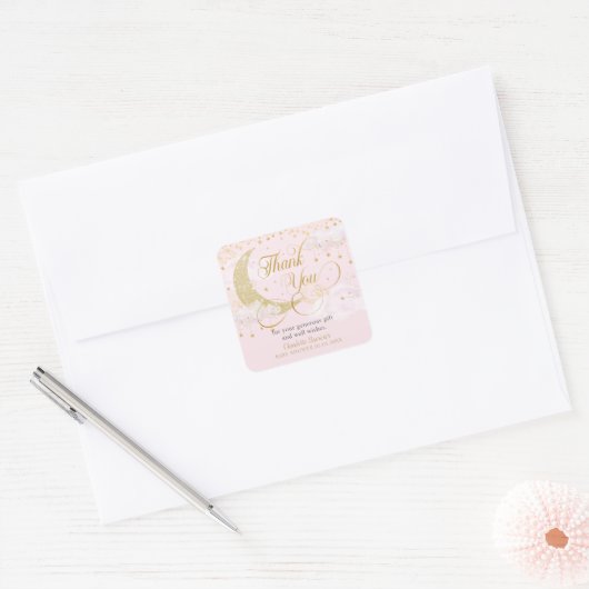 Moon and Stars Pastel Roze Baby shower Bedankt Vierkante Sticker (Envelop)