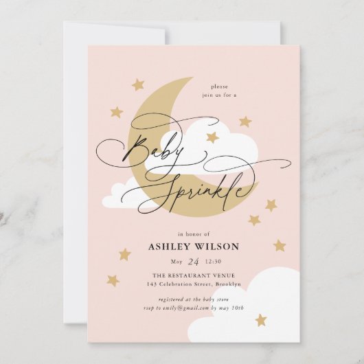 Moon and Stars Pink Elegant Script Baby Sprinkle Kaart (Voorkant)