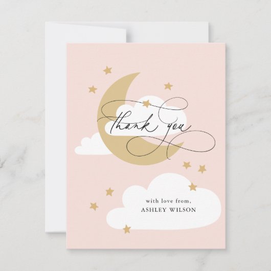 Moon and Stars Pink Gold Script Baby shower Bedankkaart (Voorkant)