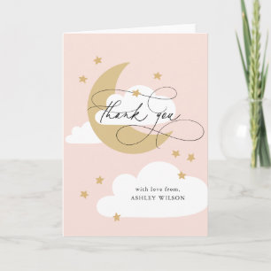 Moon and Stars Pink Gold Script Baby shower Bedankkaart