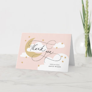 Moon and Stars Pink Gold Script Baby shower Bedankkaart