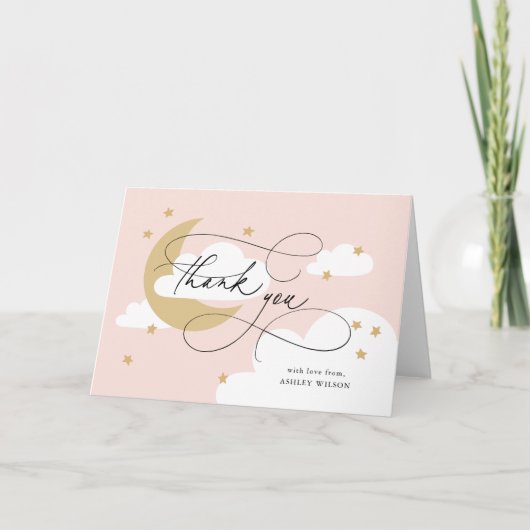 Moon and Stars Pink Gold Script Baby shower Bedankkaart (Voorkant)