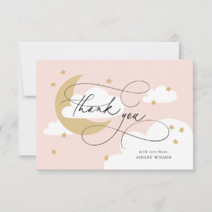 Moon and Stars Pink Gold Script Baby shower Bedankkaart