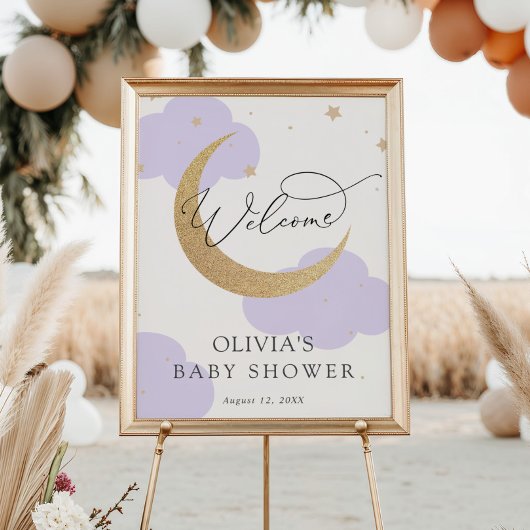 Moon and Stars Purple Baby Shower Welcome Sign Poster