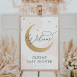 Moon and Stars Roze Baby shower Welkomstteken Poster<br><div class="desc">Welkom gasten op je baby shower met dit prachtige poster,  met wolken,  gouden sterren en een gouden glitterige maan. Voeg de naam van de gast op erewoord,  de douchedatum en de aangepaste welkomsttekst toe met behulp van de velden die u hebt opgegeven.</div>