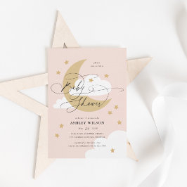 Moon and Stars Roze Elegant Script Baby shower Kaart