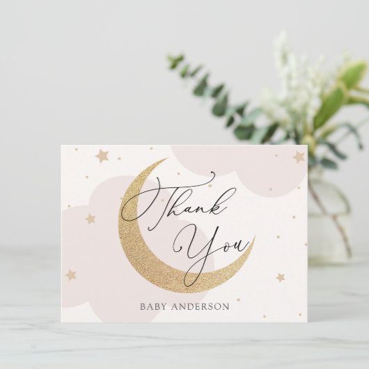 Moon and Stars Roze en Goud Baby shower Dank u Bedankkaart (Staand voorkant)