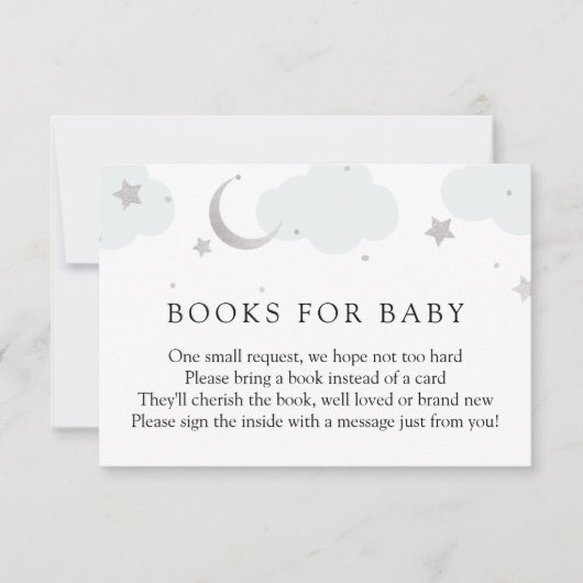 Moon and Stars Silver Books for Baby insert card RSVP Kaartje (Voorkant)