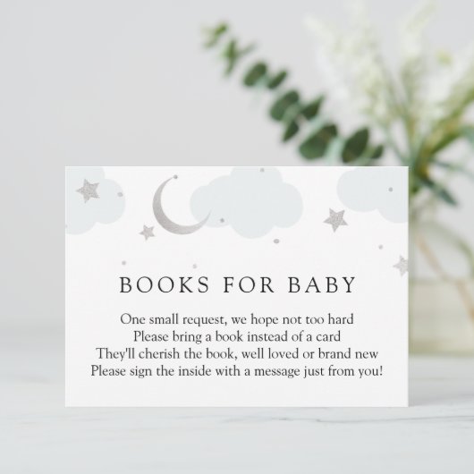 Moon and Stars Silver Books for Baby insert card RSVP Kaartje (Staand voorkant)