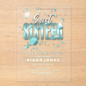 Moon and Stars Sweet 16 Blauwgroen/Blk ID788 Acryl Uitnodigingen (Voorkant)