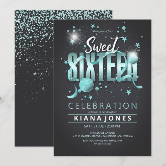 Moon and Stars Sweet 16 Blauwgroen/Blk ID788 Kaart (Voorkant / Achterkant)