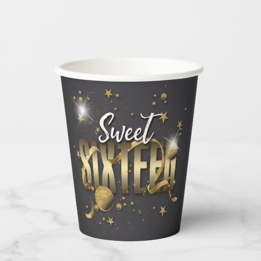 Moon and Stars Sweet 16 Gold/Blk ID788 Papieren Bekers (Voorkant)