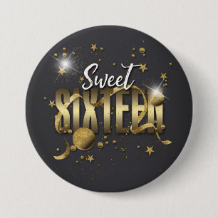 Moon and Stars Sweet 16 Gold/Blk ID788 Ronde Button 7,6 Cm