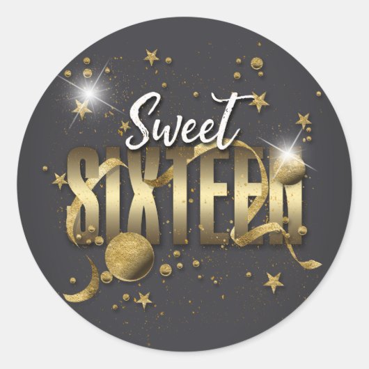 Moon and Stars Sweet 16 Gold/Blk ID788 Ronde Sticker (Voorkant)
