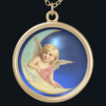 MOON ANGEL GOUD VERGULDEN KETTING<br><div class="desc">Fantastisch schattig blonde haren,  blauwe,  roemeense engel die op de maan hangt met een heldere 3D Blue Sapphire-gem steen.</div>