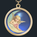 MOON ANGEL GOUD VERGULDEN KETTING<br><div class="desc">Fantastisch schattig blonde haren,  blauwe,  roemeense engel die op de maan hangt met een heldere 3D Blue Sapphire-gem steen.</div>