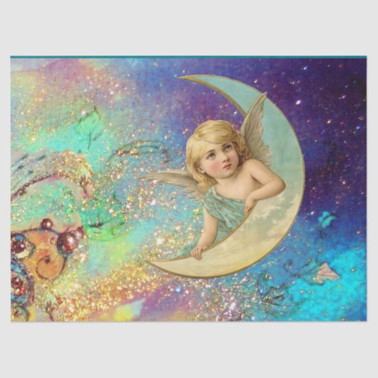 MOON ANGEL IN BLUE GOLD GEEL VLOEISTOFFEN TISSUEPAPIER (Voorkant)