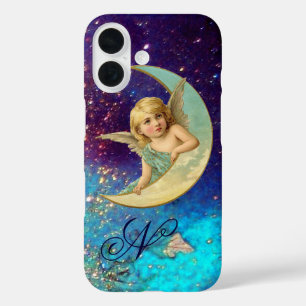 MOON ANGEL IN BLUE GOLD SPARKLES Monogram iPhone 16 Hoesje