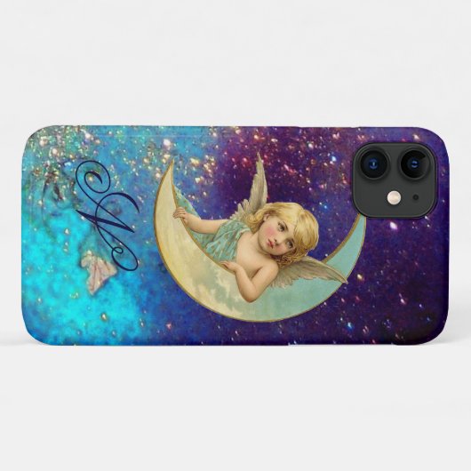 MOON ANGEL IN BLUE GOLD SPARKLES Monogram Case-Mate iPhone Case (Achterkant (horizontaal))