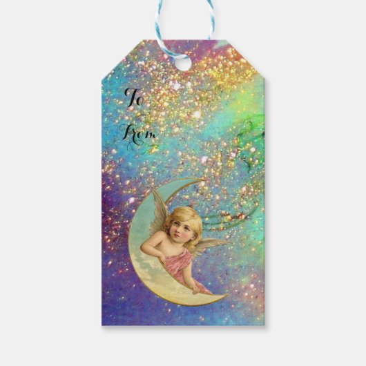 MOON ANGEL IN BLUE GOLD YELLOW SPARKLES CADEAULABEL (Voorkant)